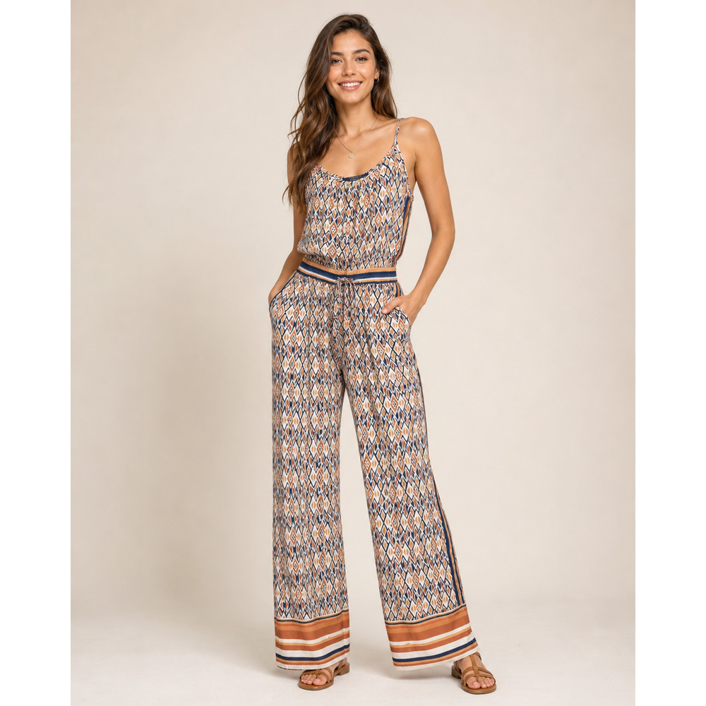 Forever 21 Wide Leg Jumpsuit Halter Top Geometric Pattern Boho 70s Retro Sz M